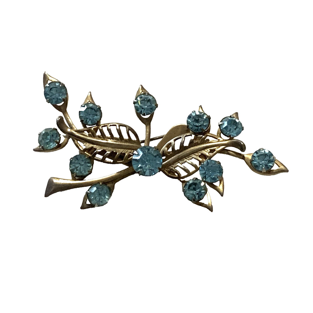 Vintage 1950s Aqua Blue Rhinestone Leaf Spray Brooch Gold Tone Mid Century